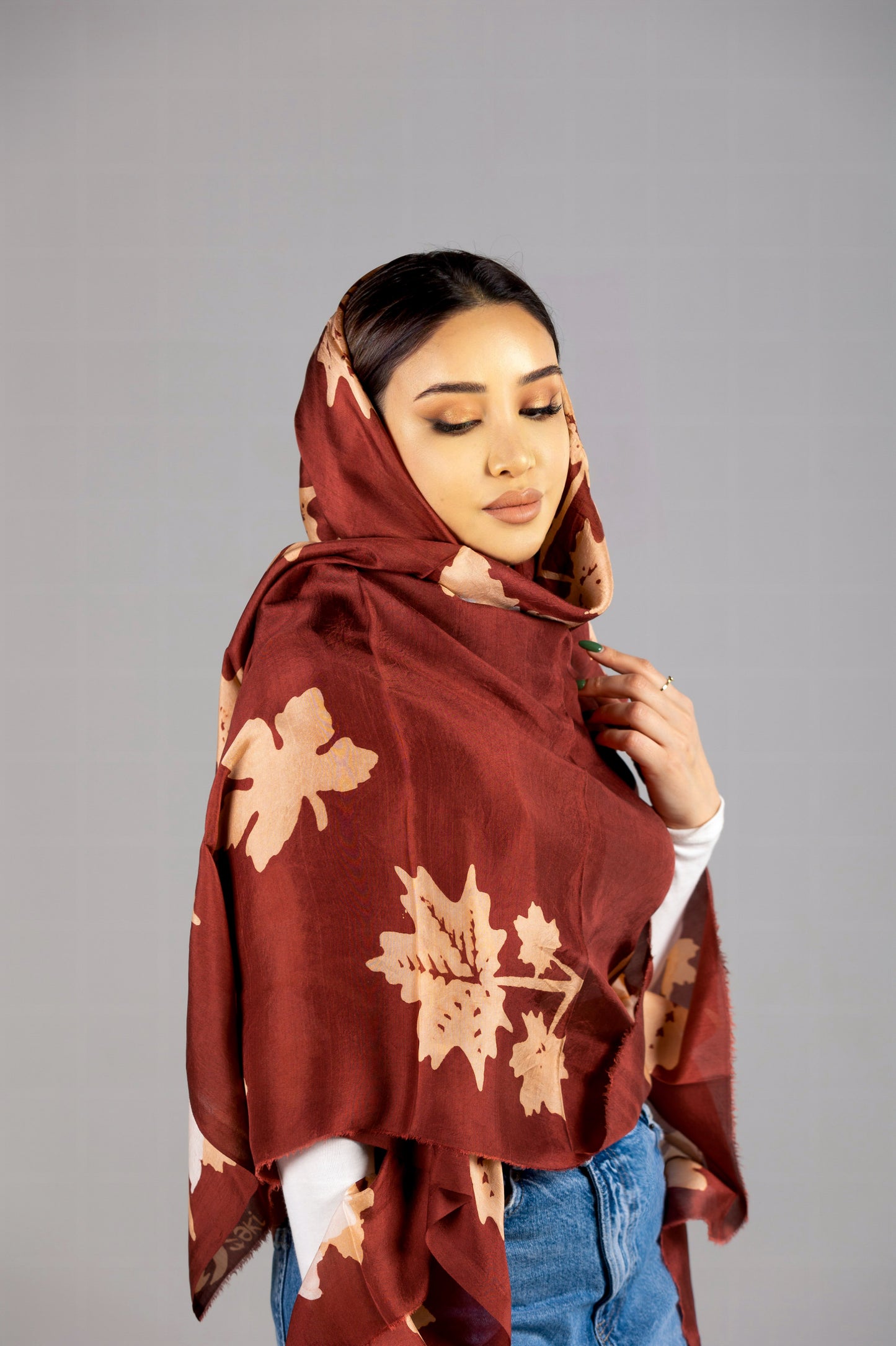 Exclusive Red Silk Scarf with Oak Leaf Design from Azerbaijan