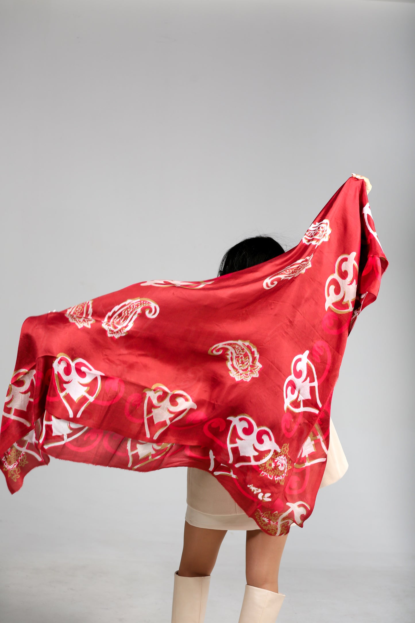 Elegant Silk Scarf in Chinese Red Velvet with Intricate Patterns