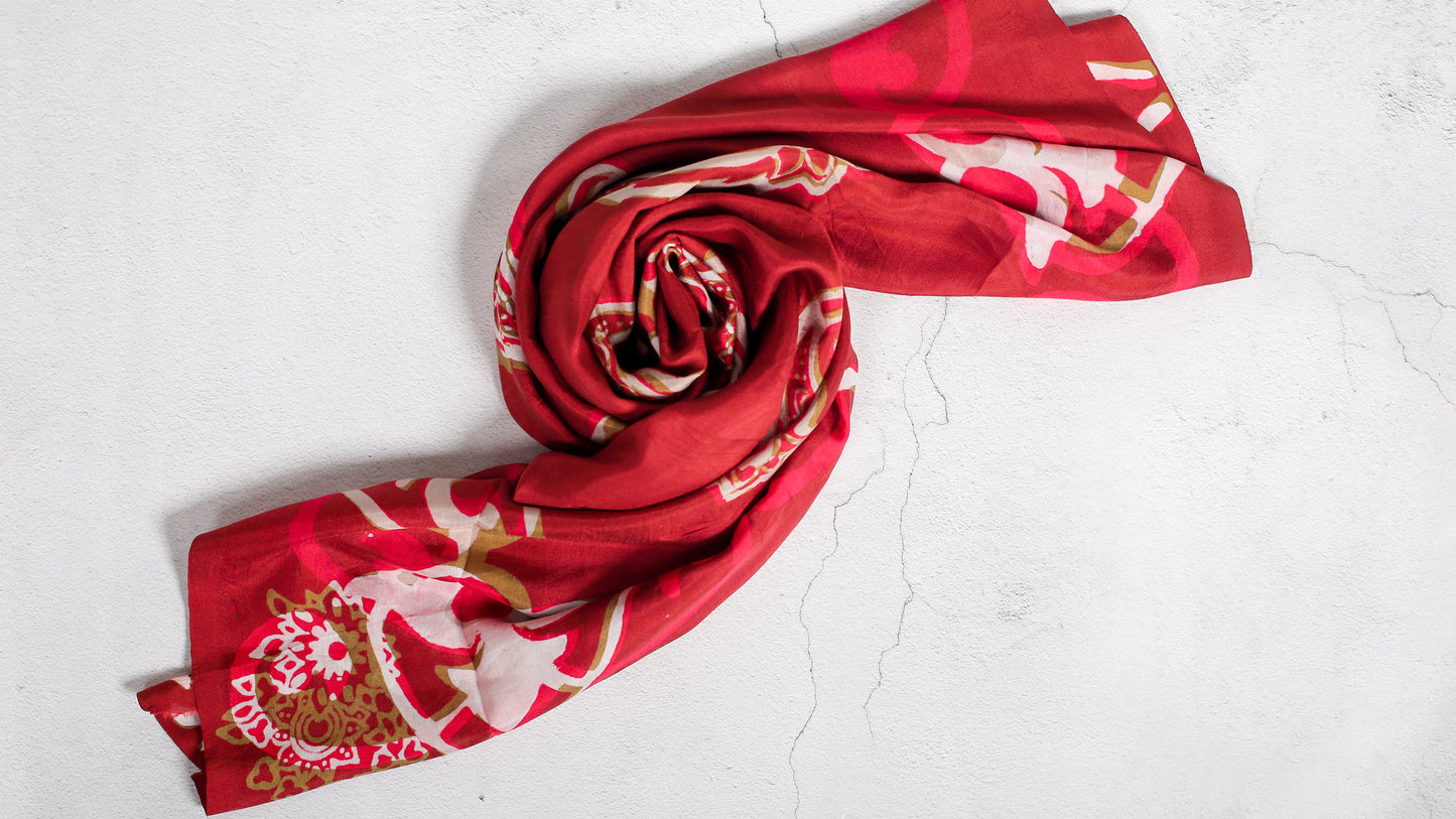 Elegant Silk Scarf in Chinese Red Velvet with Intricate Patterns