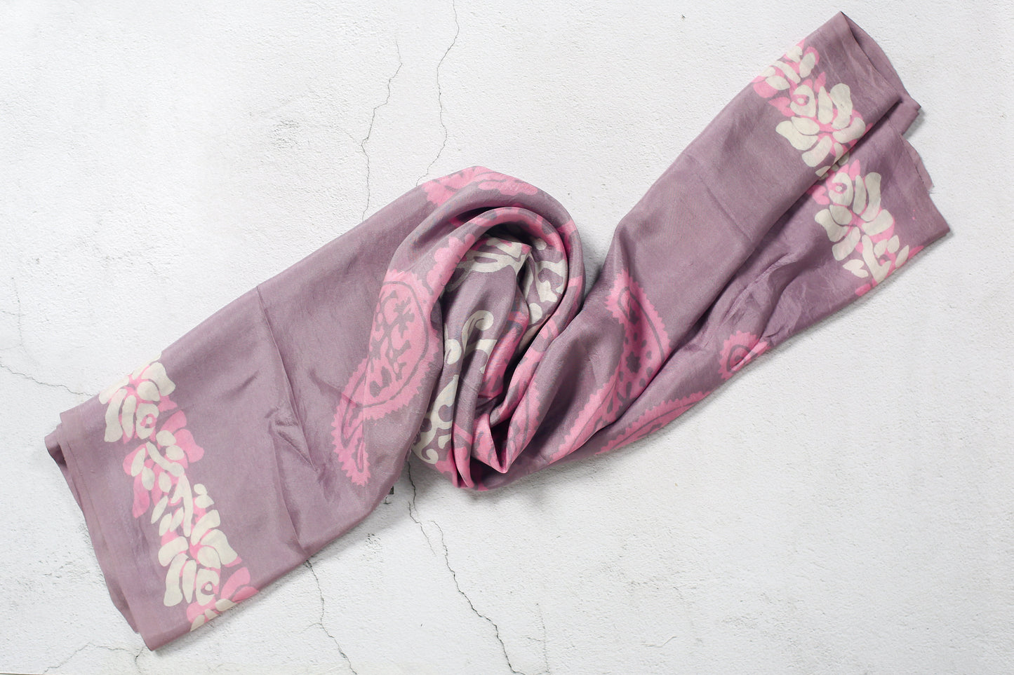 Cinereous Silk Scarf with Buta Motifs and Decorative Edges