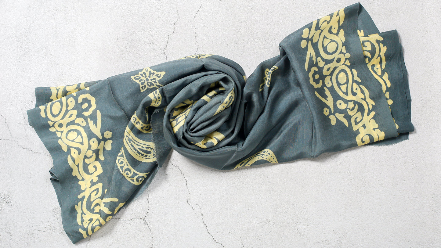 Dim Gray Silk Scarf with Buta Motifs and Patterned Edges