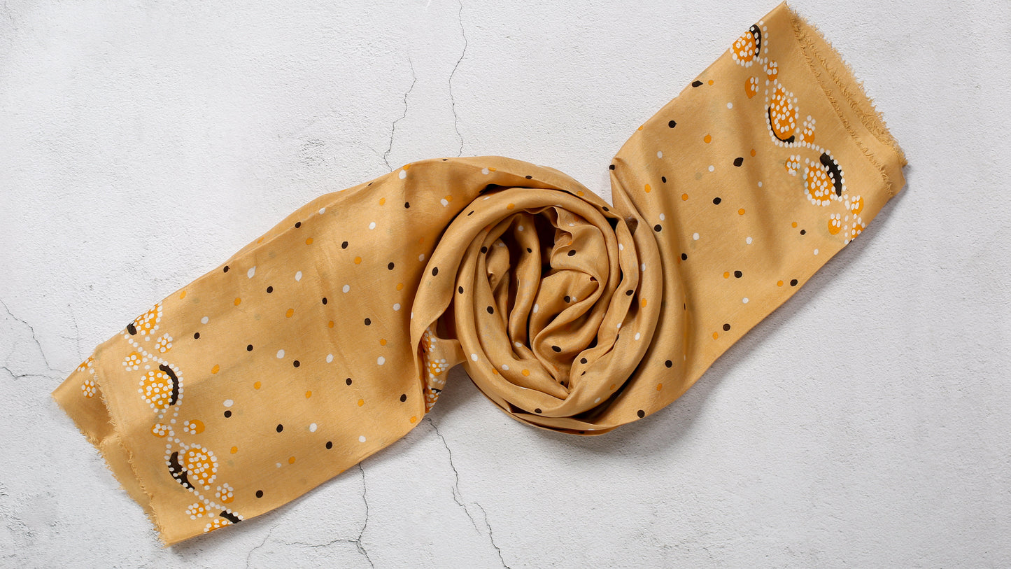 Camel-Colored Silk Scarf with Polka Dots and Patterned Edges