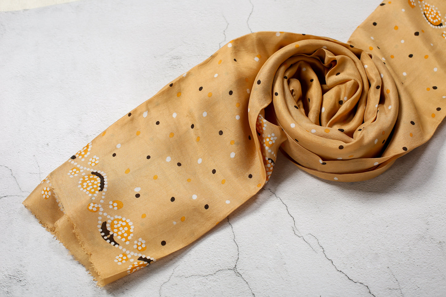 Camel-Colored Silk Scarf with Polka Dots and Patterned Edges