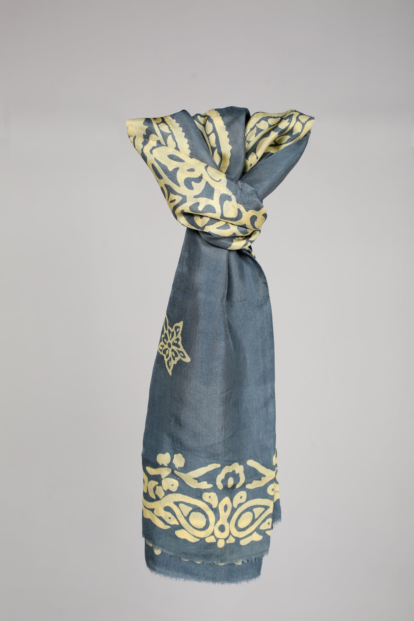 Dim Gray Silk Scarf with Buta Motifs and Patterned Edges