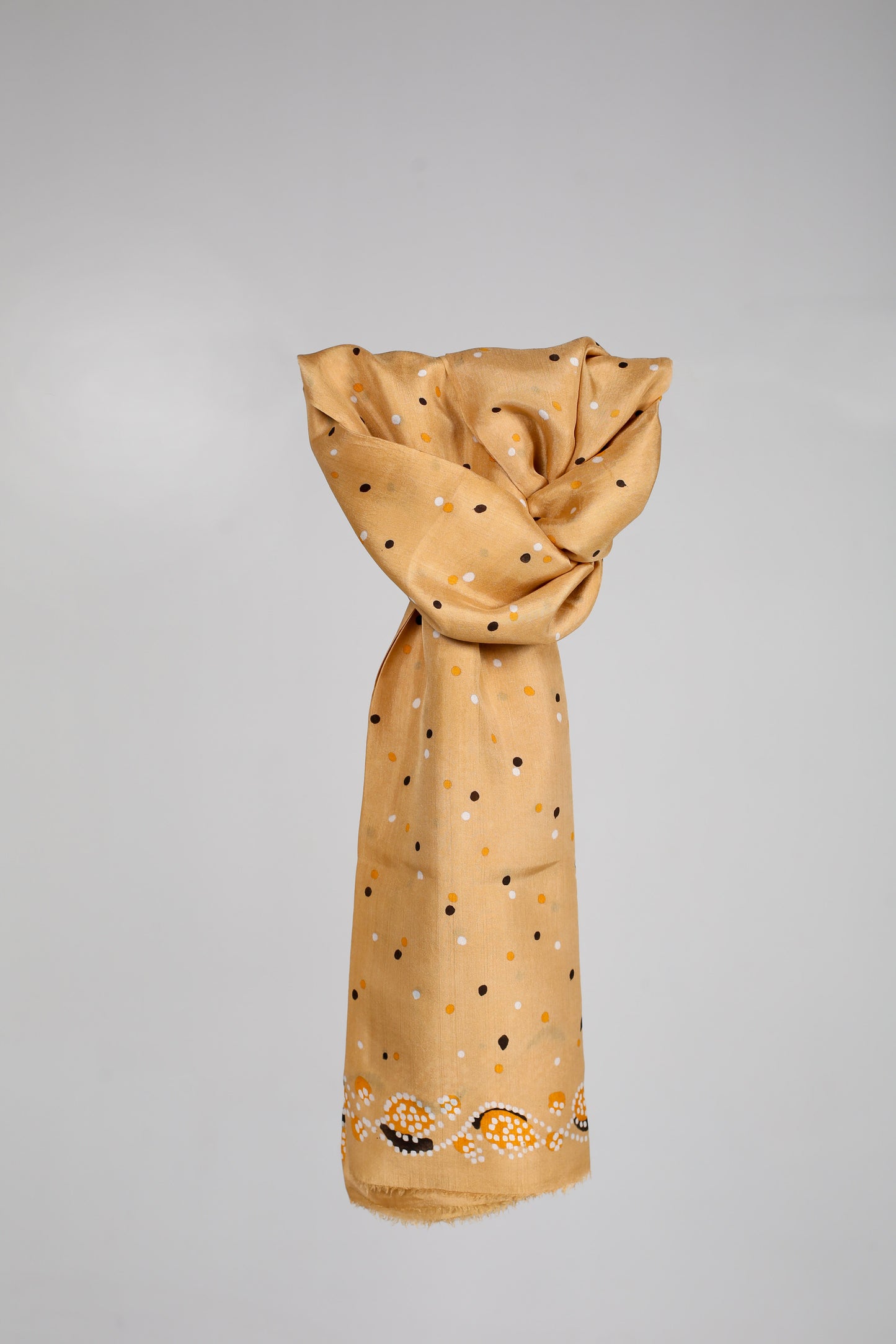 Camel-Colored Silk Scarf with Polka Dots and Patterned Edges