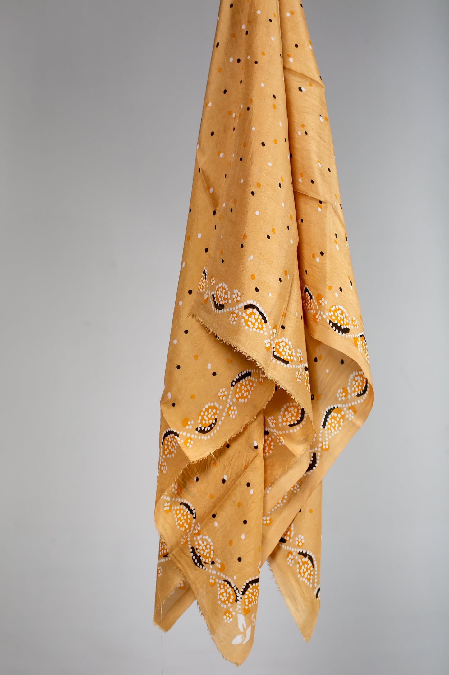 Camel-Colored Silk Scarf with Polka Dots and Patterned Edges