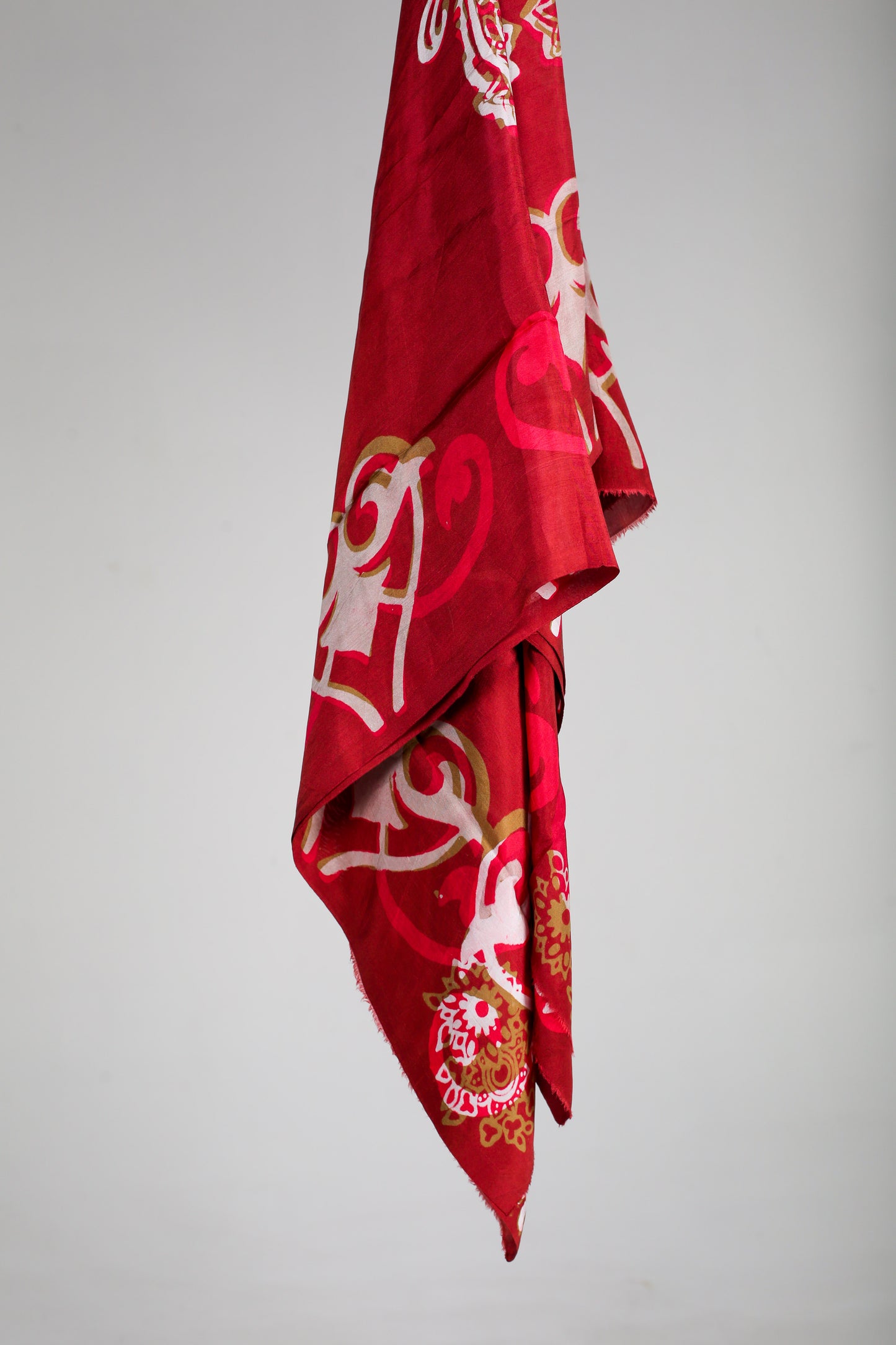 Elegant Silk Scarf in Chinese Red Velvet with Intricate Patterns