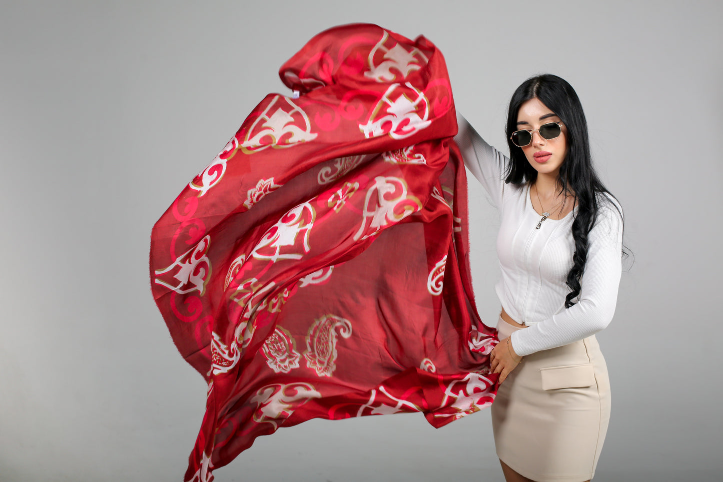 Elegant Silk Scarf in Chinese Red Velvet with Intricate Patterns