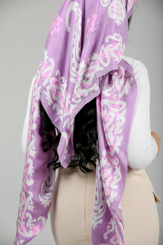 Mountbatten Pink  Silk Scarf with Mixed Patterns and Buta Design