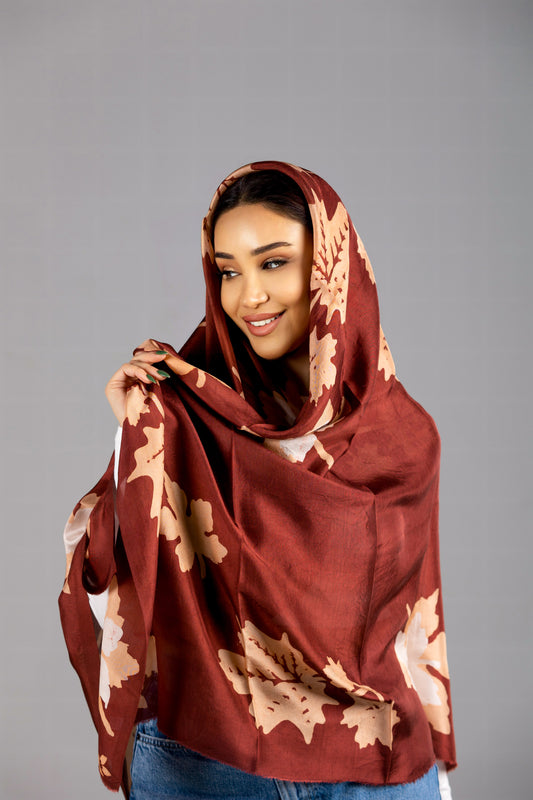 Exclusive Red Silk Scarf with Oak Leaf Design from Azerbaijan