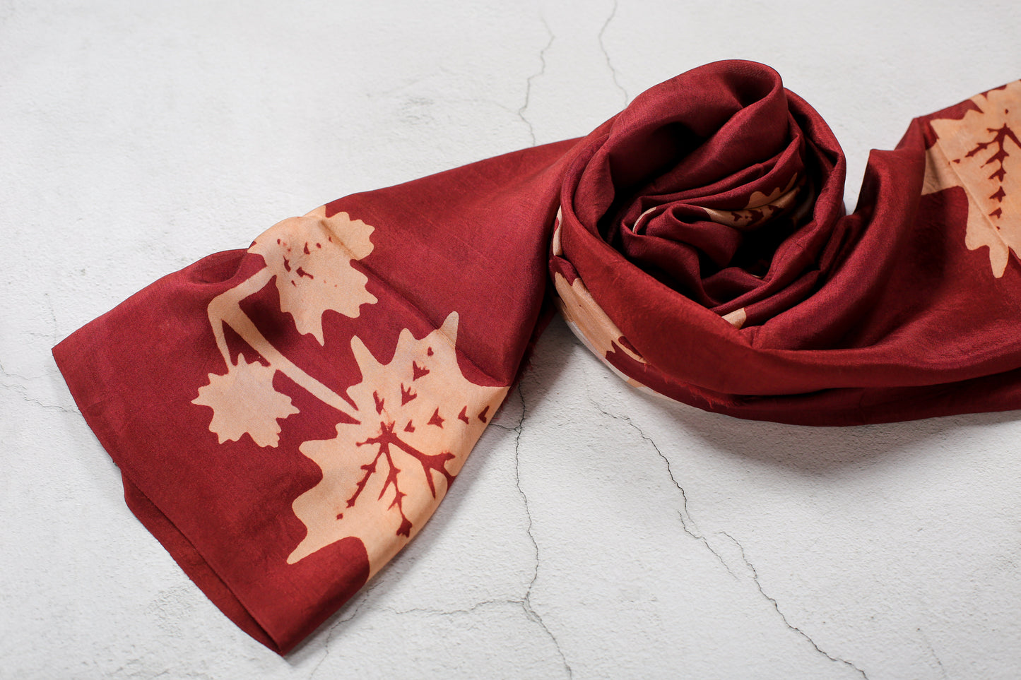 Exclusive Red Silk Scarf with Oak Leaf Design from Azerbaijan