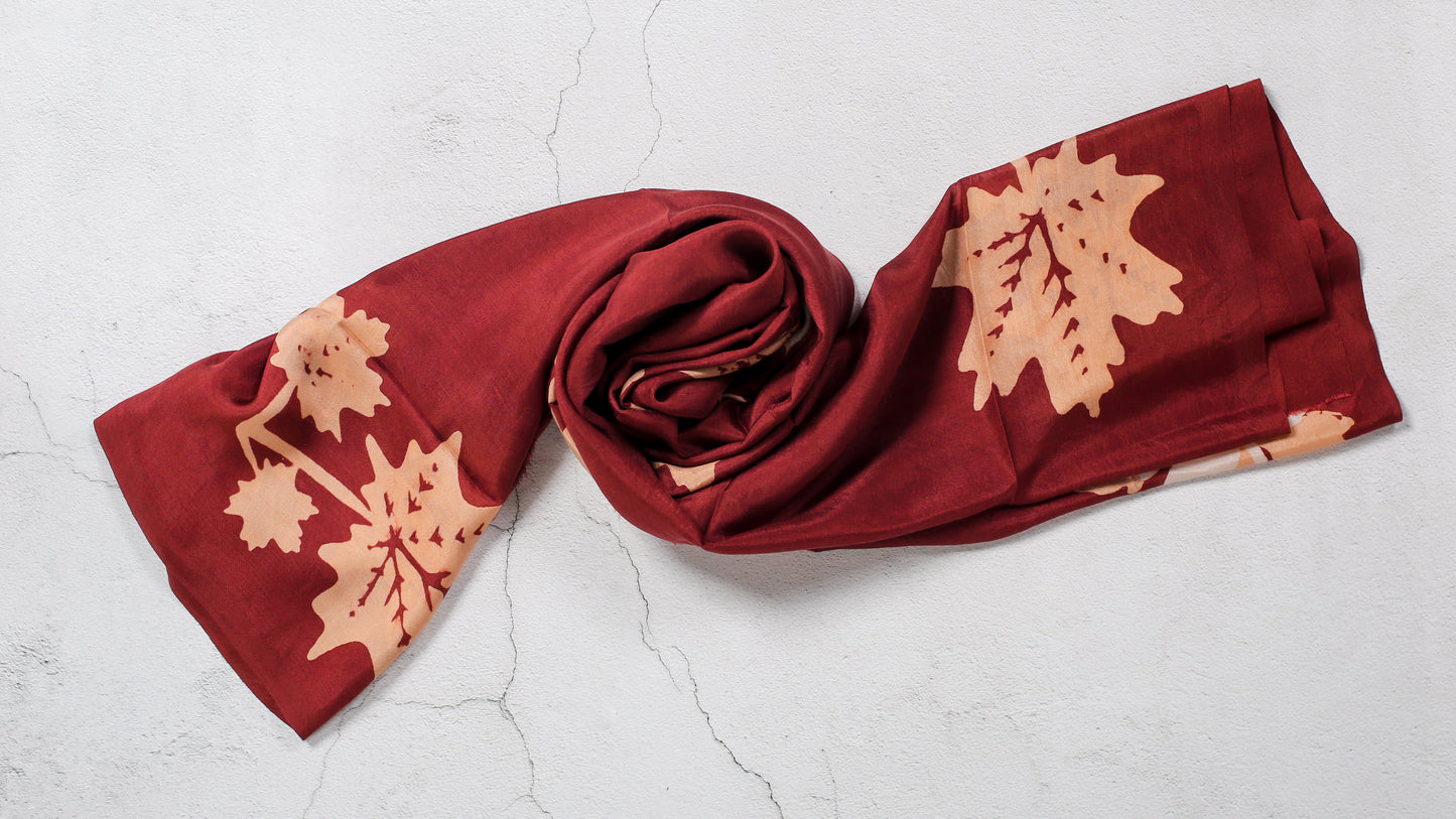 Exclusive Red Silk Scarf with Oak Leaf Design from Azerbaijan