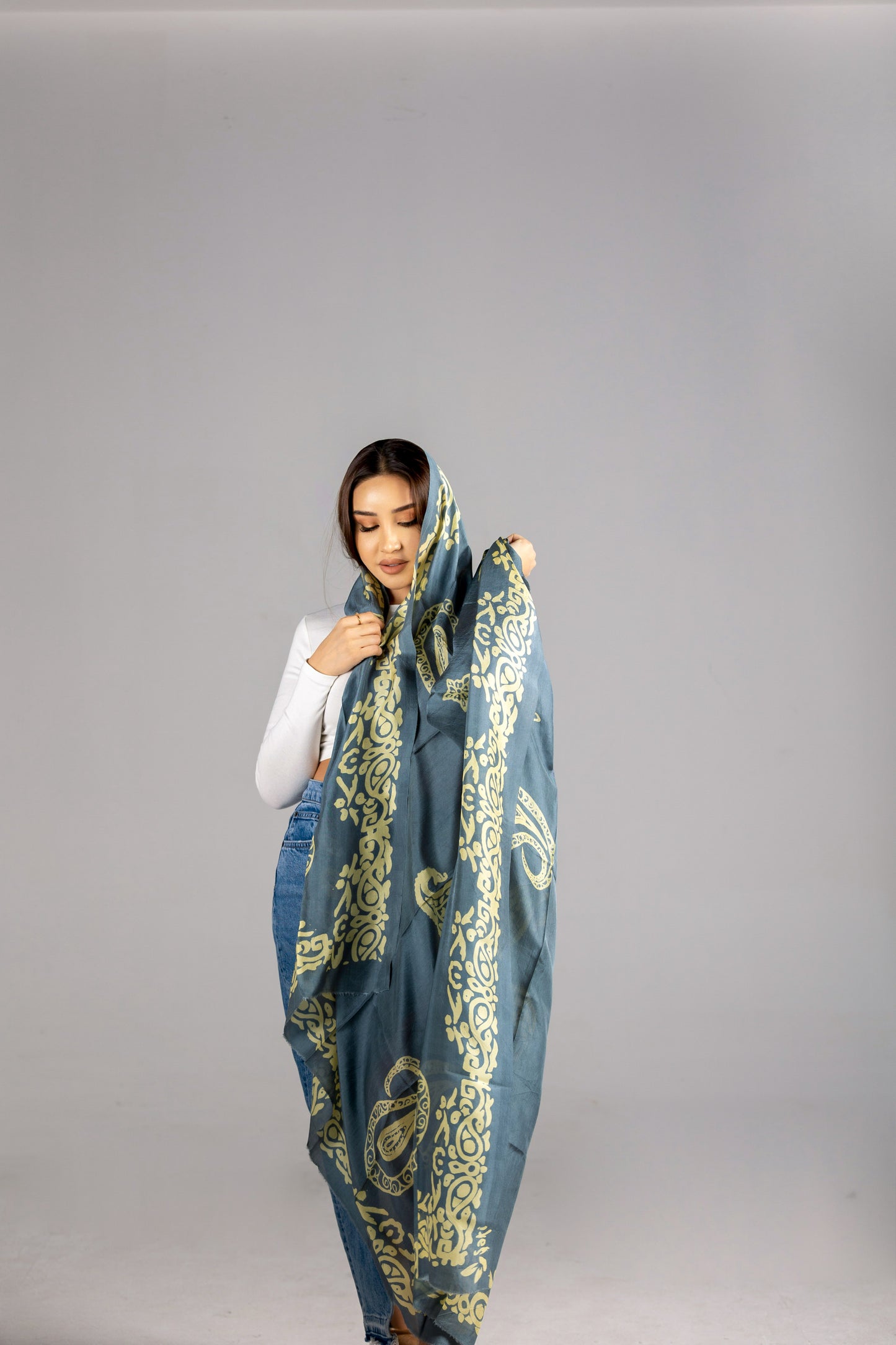 Dim Gray Silk Scarf with Buta Motifs and Patterned Edges