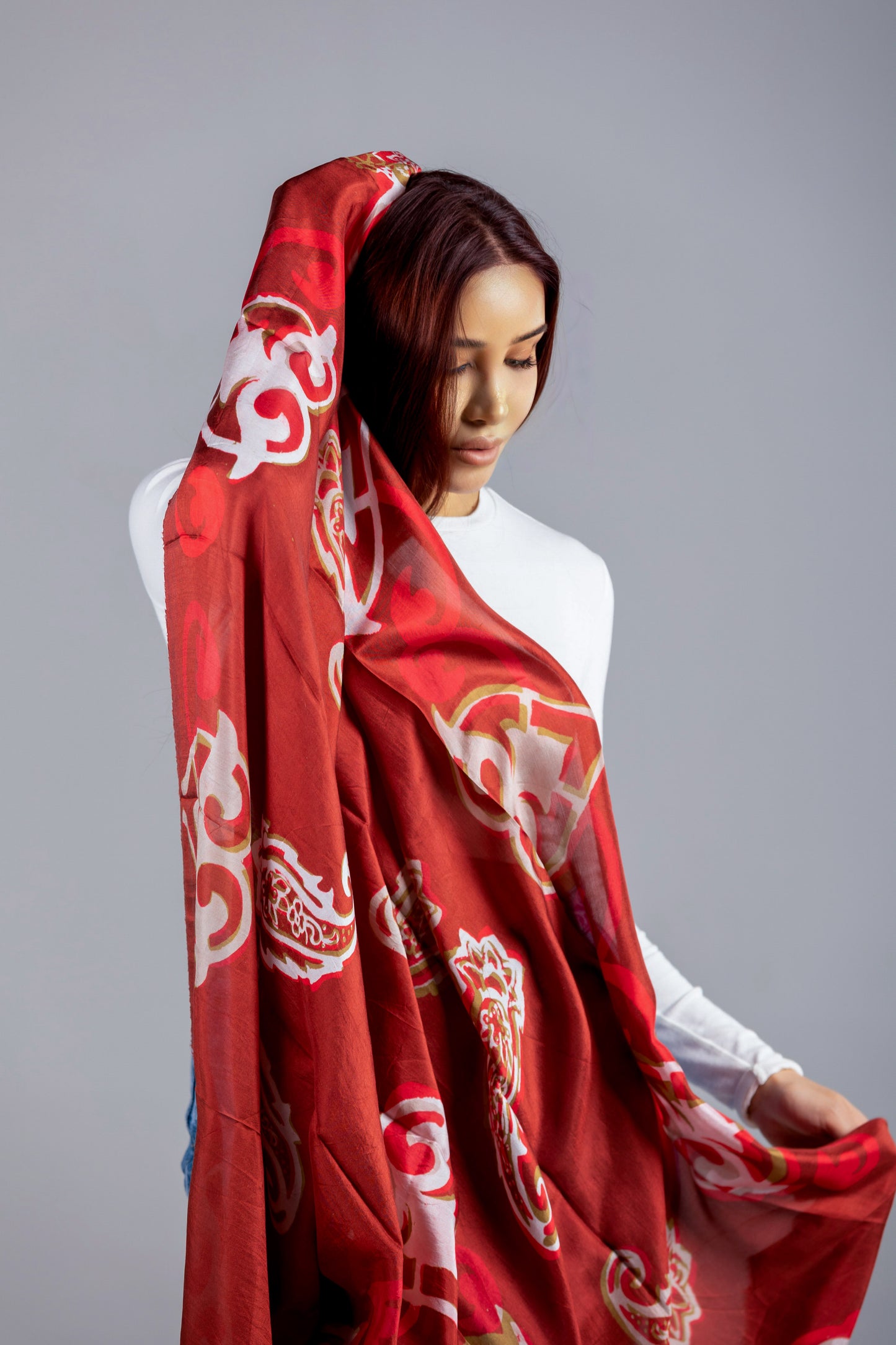 Elegant Silk Scarf in Chinese Red Velvet with Intricate Patterns