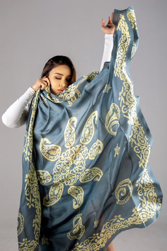 Dim Gray Silk Scarf with Buta Motifs and Patterned Edges