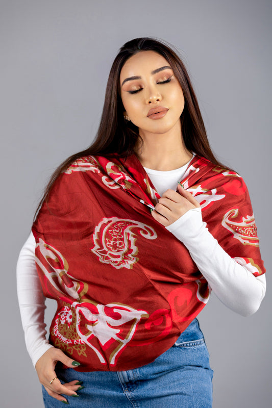 Elegant Silk Scarf in Chinese Red Velvet with Intricate Patterns