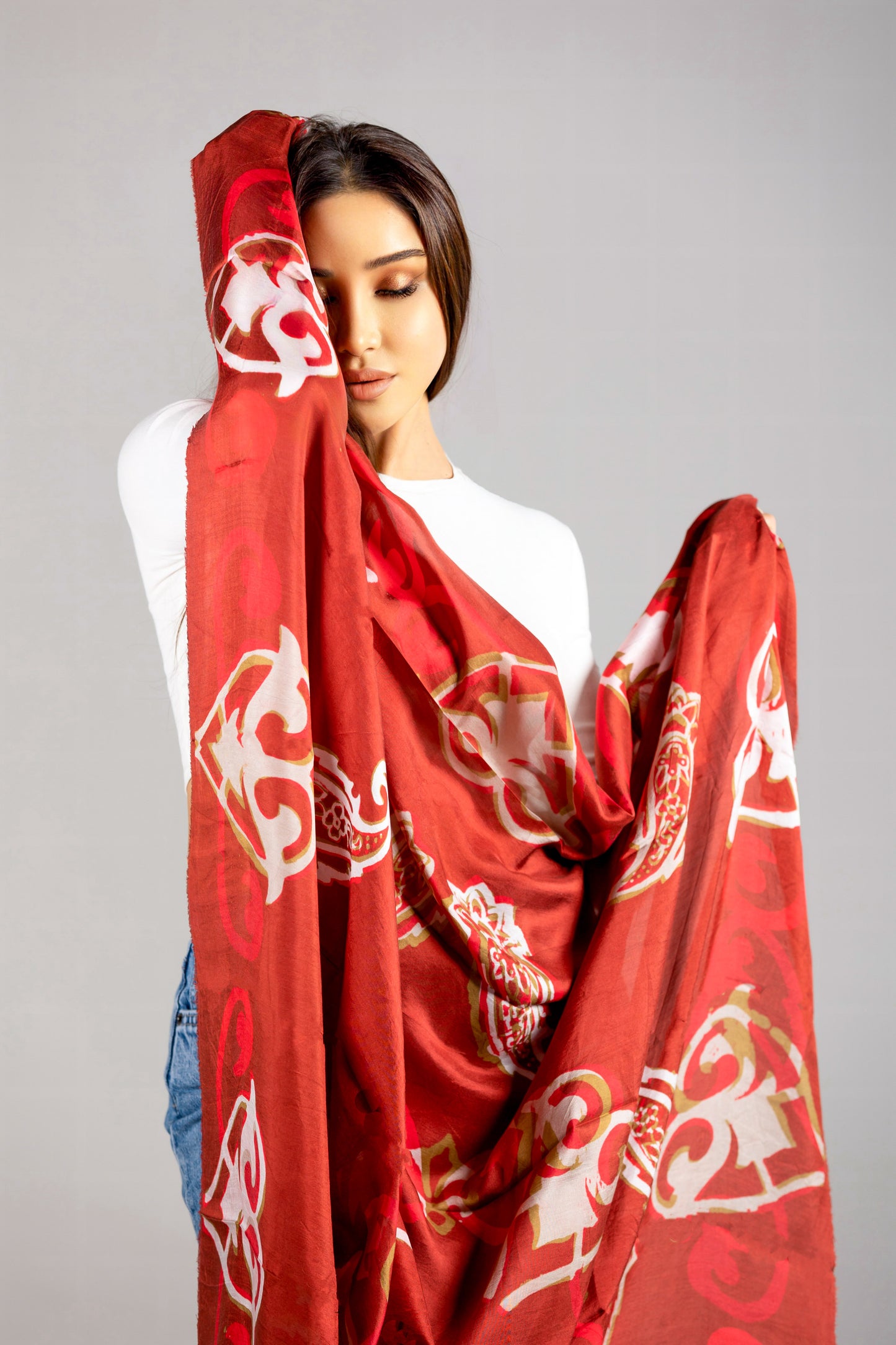 Elegant Silk Scarf in Chinese Red Velvet with Intricate Patterns