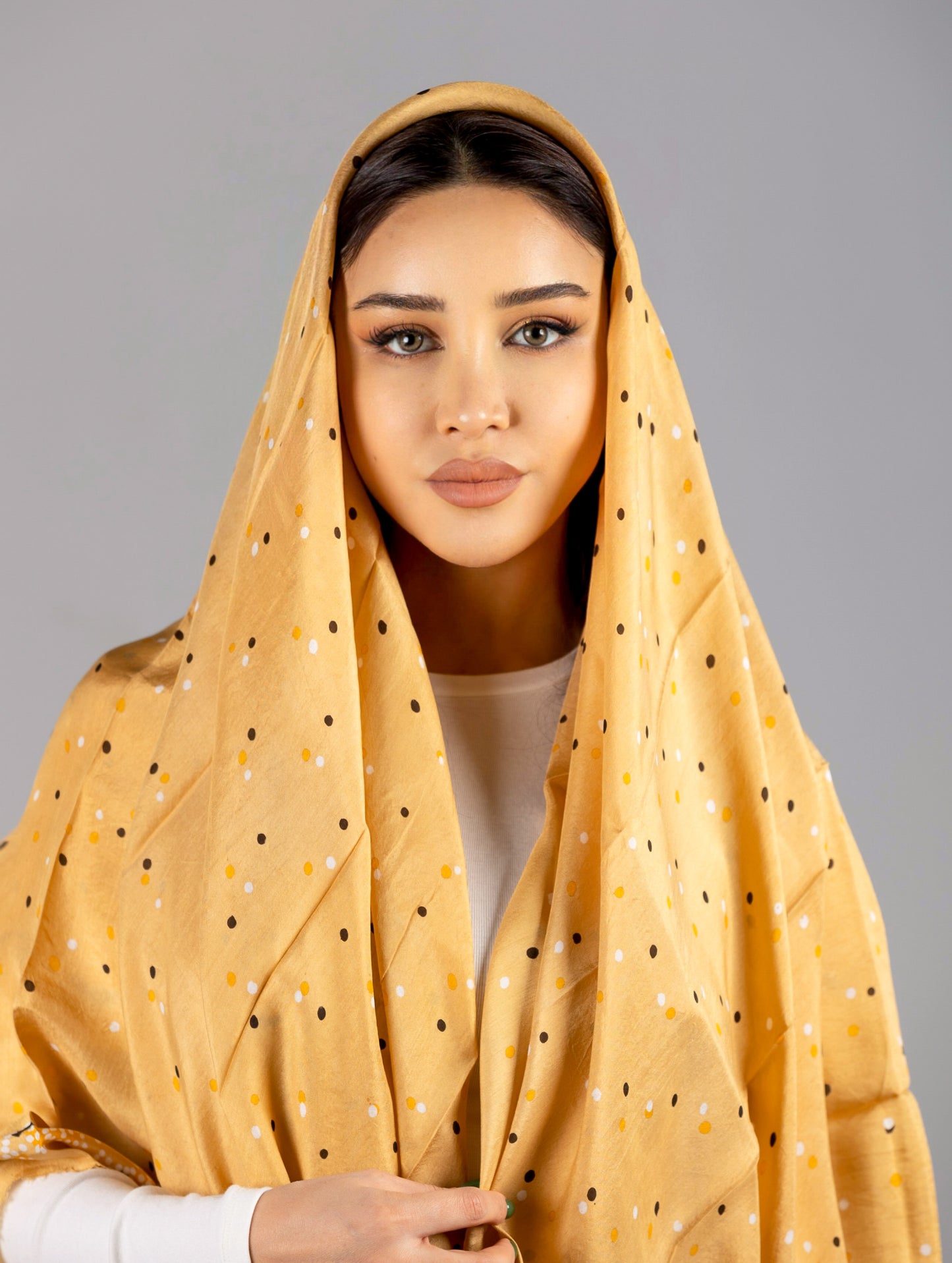 Camel-Colored Silk Scarf with Polka Dots and Patterned Edges