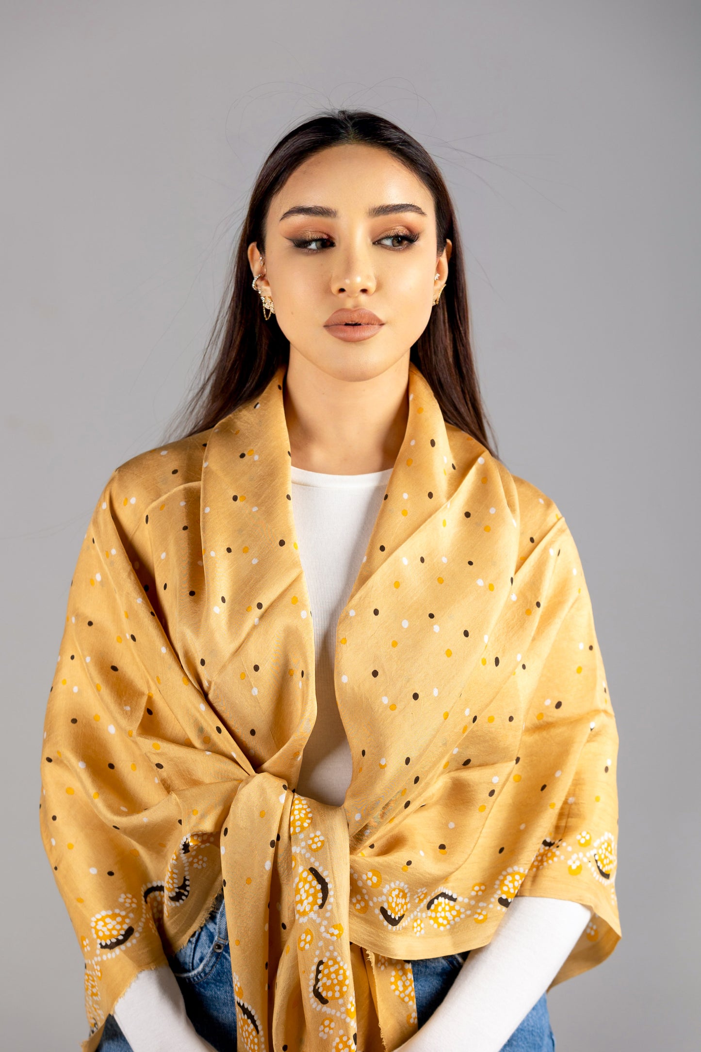 Camel-Colored Silk Scarf with Polka Dots and Patterned Edges